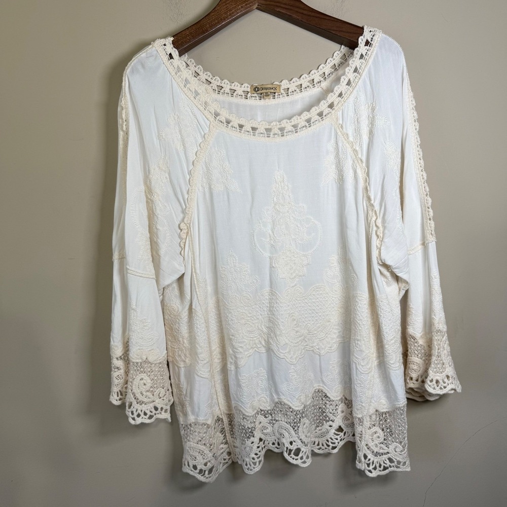 Democracy Cream Lace Crochet Boho Peasant Cottagecore Coquette Blouse XL